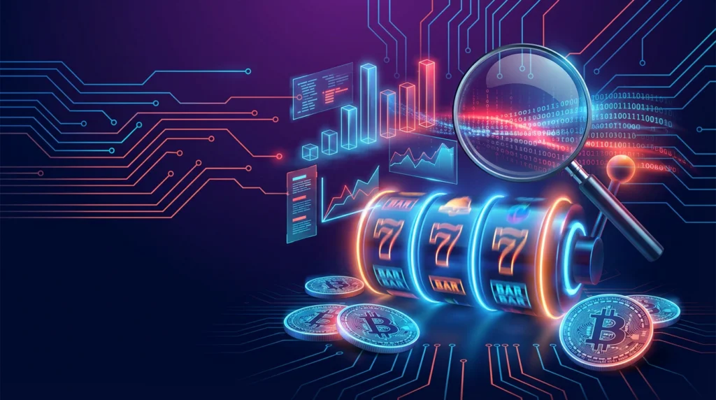 Slot machine reels with magnifying glass and data charts illustrating Bloomberg's statistical investigation into Stake crypto casino influencer win rates
