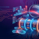Slot machine reels with magnifying glass and data charts illustrating Bloomberg's statistical investigation into Stake crypto casino influencer win rates