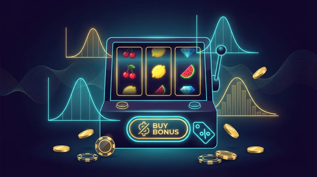 Slot machine with glowing Buy Bonus button surrounded by probability distribution curves and casino chips on dark gradient background