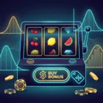 Slot machine with glowing Buy Bonus button surrounded by probability distribution curves and casino chips on dark gradient background
