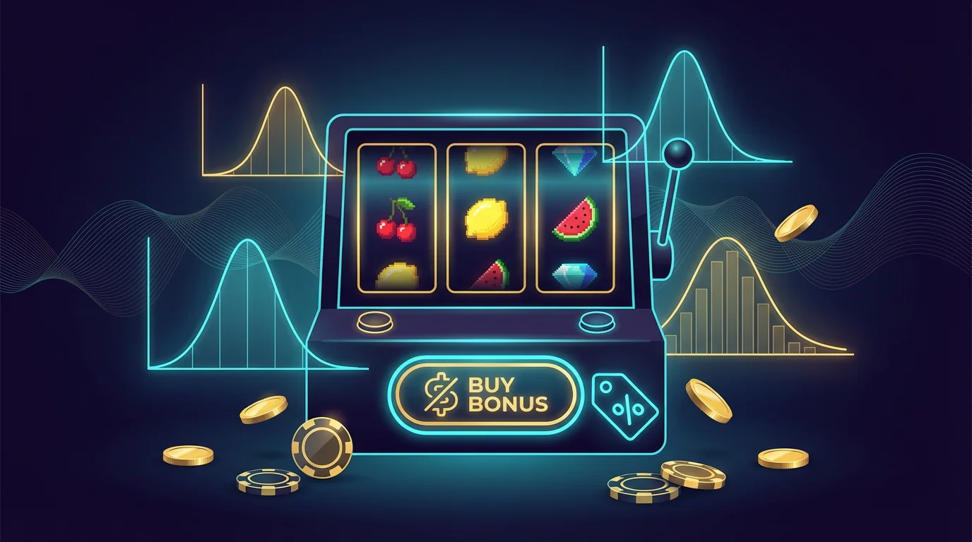 Slot machine with glowing Buy Bonus button surrounded by probability distribution curves and casino chips on dark gradient background