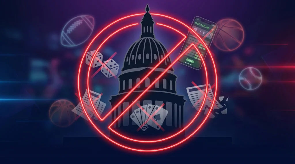 Colorado state capitol with sports betting symbols crossed out representing SB 131 prop bet ban