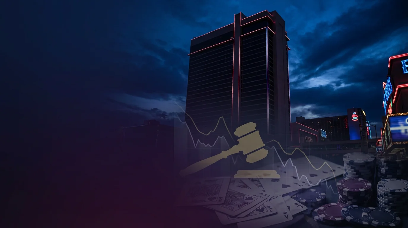 Downtown Grand Las Vegas casino tower at night with gavel and declining financial charts representing the $90M loan default and receivership