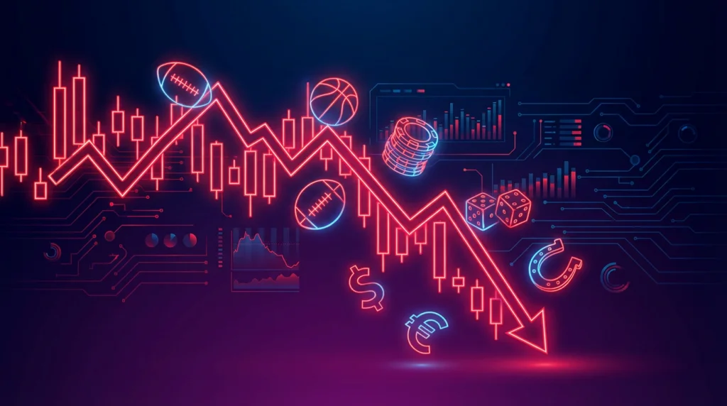 Declining stock chart with red candlesticks and sports betting symbols including basketballs dice and sports elements on dark blue gradient background