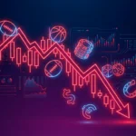 Declining stock chart with red candlesticks and sports betting symbols including basketballs dice and sports elements on dark blue gradient background