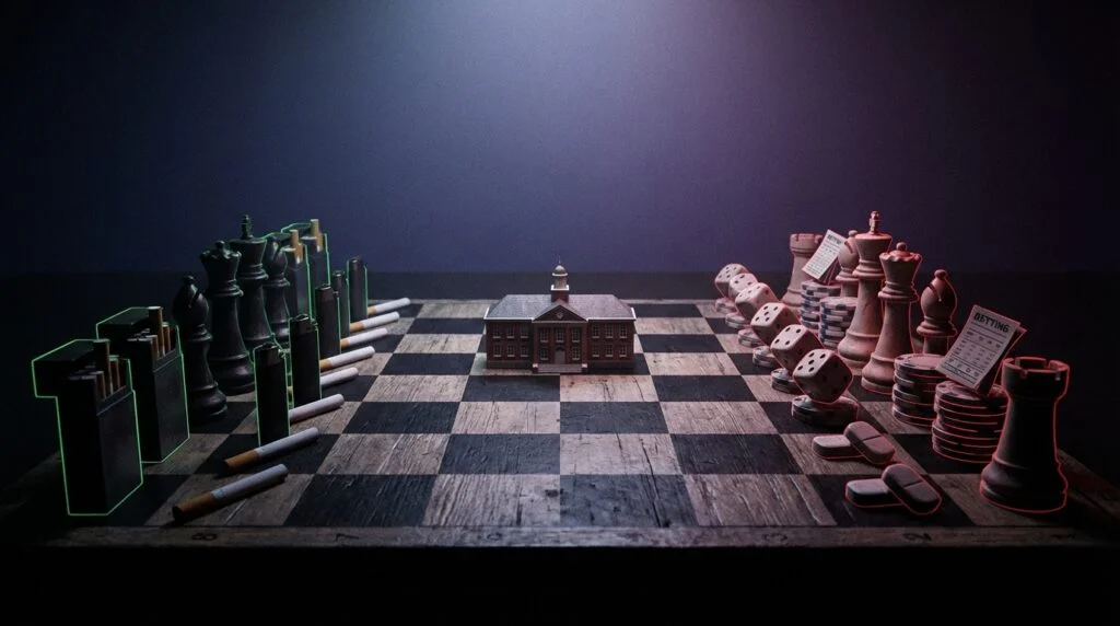 Chess board with tobacco industry pieces facing gambling industry pieces with a school building in the center — representing the parallel between Big Tobacco and DraftKings targeting youth through education programs