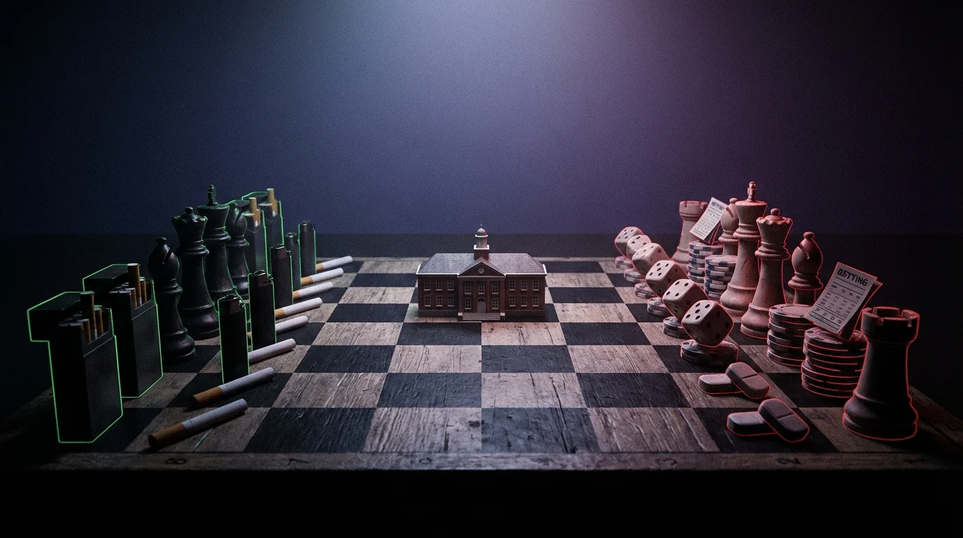 Chess board with tobacco industry pieces facing gambling industry pieces with a school building in the center representing the parallel between Big Tobacco and DraftKings targeting youth through education programs