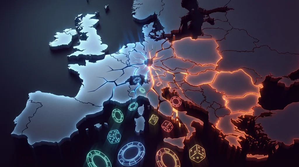 Fractured European map with casino elements showing the split between regulated and offshore gambling markets