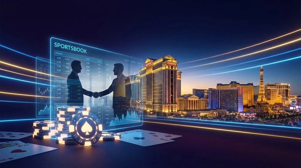 Las Vegas Strip with Caesars Palace and digital sportsbook interface representing the 1.5 billion Fertitta acquisition deal