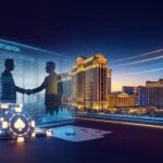 Las Vegas Strip with Caesars Palace and digital sportsbook interface representing the 1.5 billion Fertitta acquisition deal