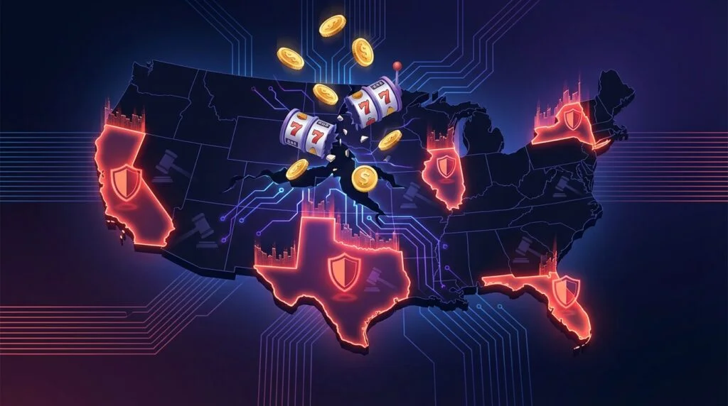 US map showing states with sweepstakes casino bans highlighted with fortress shields and broken slot machine imagery