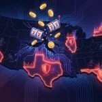 US map showing states with sweepstakes casino bans highlighted with fortress shields and broken slot machine imagery