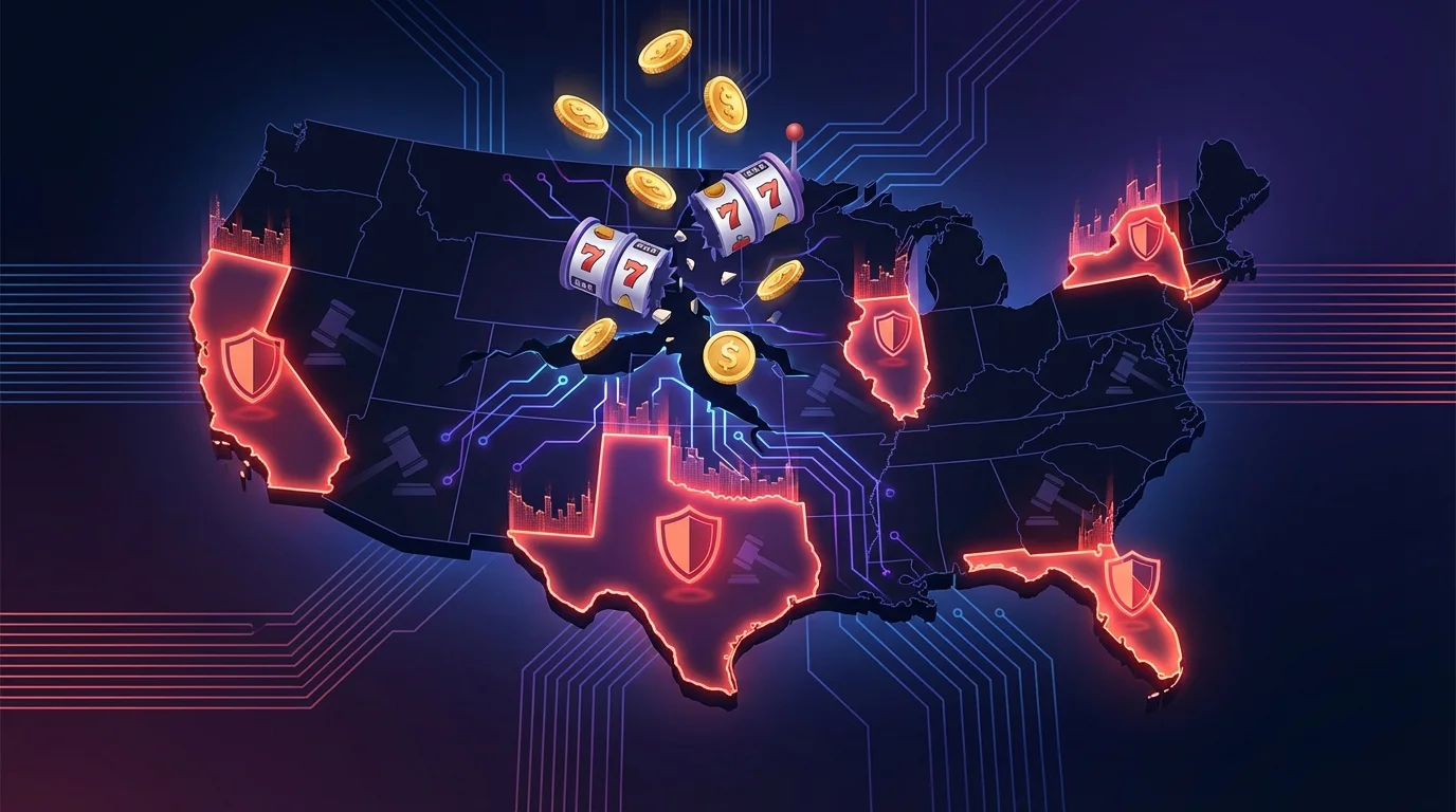 US map showing states with sweepstakes casino bans highlighted with fortress shields and broken slot machine imagery