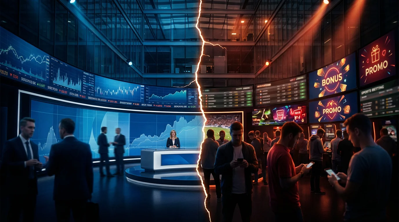 Split image showing corporate newsroom with data screens on one side and sports betting promo screens on the other, divided by a crack — representing Fox Corp's dual relationship with Kalshi