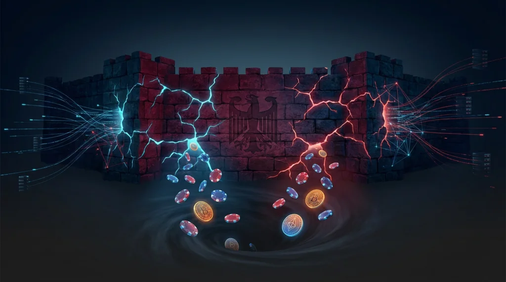 Dark fortress wall with neon cracks and casino chips falling through representing Germany gambling black market
