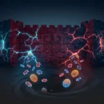 Dark fortress wall with neon cracks and casino chips falling through representing Germany gambling black market