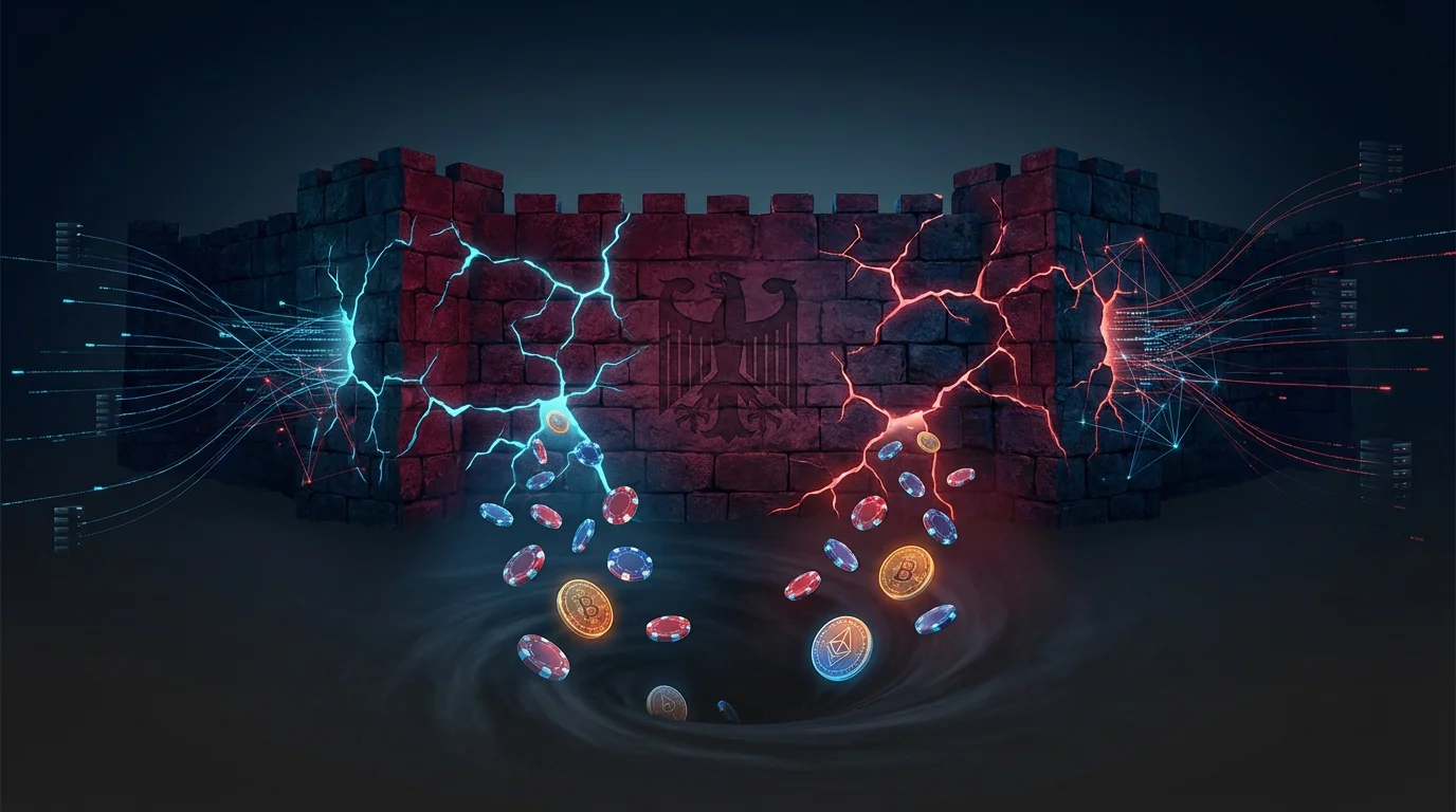 Dark fortress wall with neon cracks and casino chips falling through representing Germany gambling black market