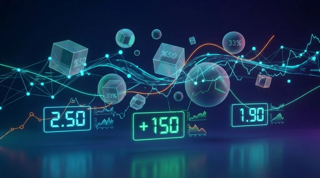 Visual representation of betting odds formats showing American, decimal, and fractional odds with probability indicators and market graph lines