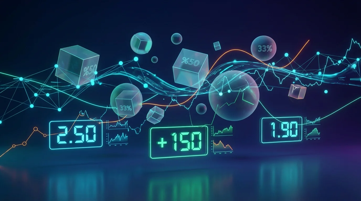 Visual representation of betting odds formats showing American, decimal, and fractional odds with probability indicators and market graph lines