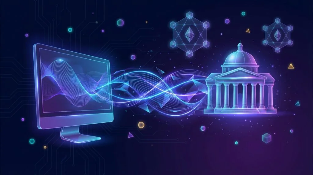 Abstract visualization of financial data flowing from a prediction market terminal to Wall Street trading infrastructure through blockchain data streams