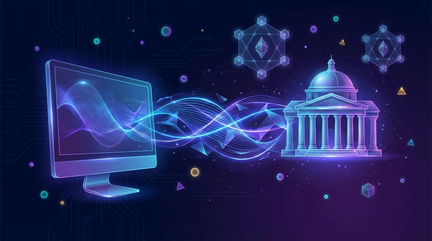 Abstract visualization of financial data flowing from a prediction market terminal to Wall Street trading infrastructure through blockchain data streams