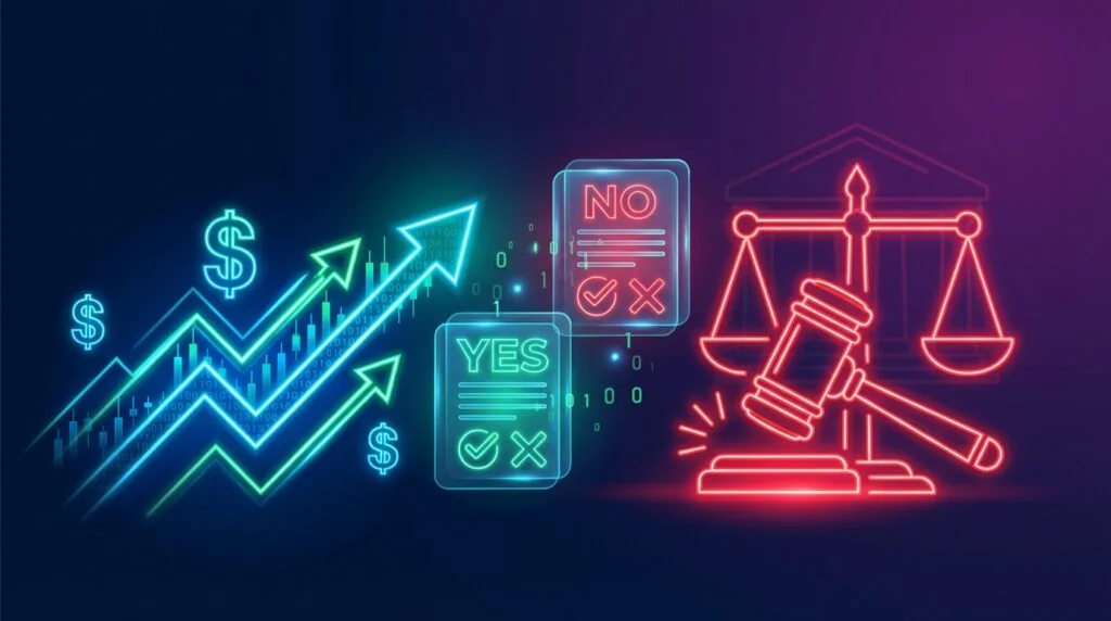 Prediction market visual with rising financial charts, YES/NO contract icons, and scales of justice representing Kalshi billion-dollar funding round amid criminal charges