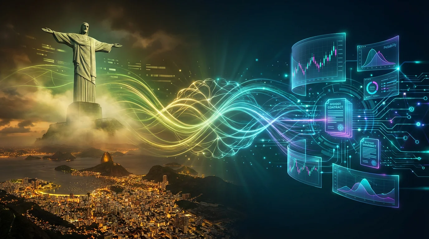 Brazil Christ the Redeemer statue merging with futuristic prediction market trading interface representing Kalshi international expansion into Latin America