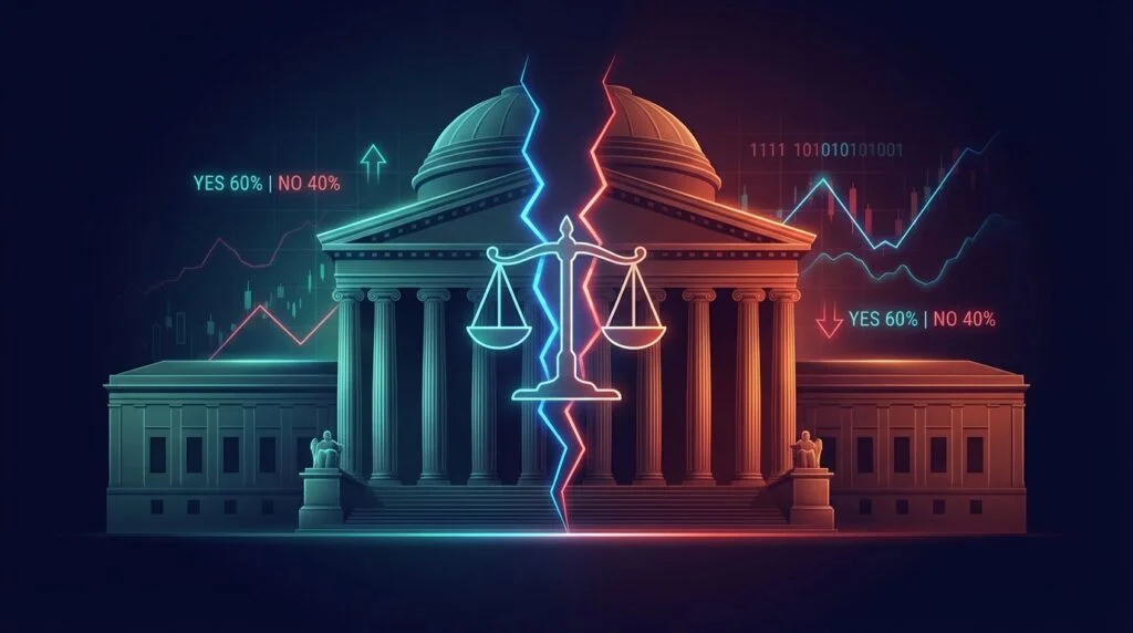 Split federal courthouse with blue and red sides representing conflicting Ohio and Tennessee rulings on Kalshi prediction markets