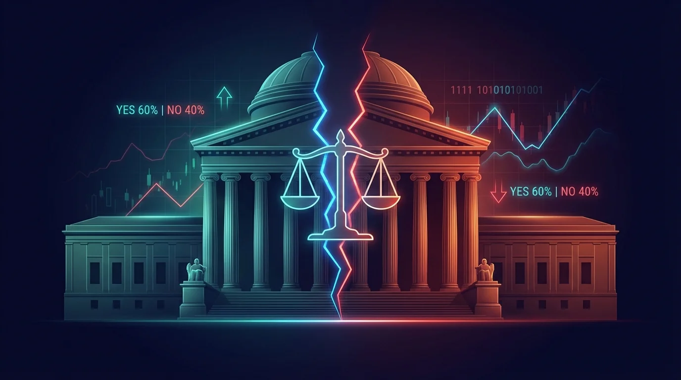 Split federal courthouse with blue and red sides representing conflicting Ohio and Tennessee rulings on Kalshi prediction markets