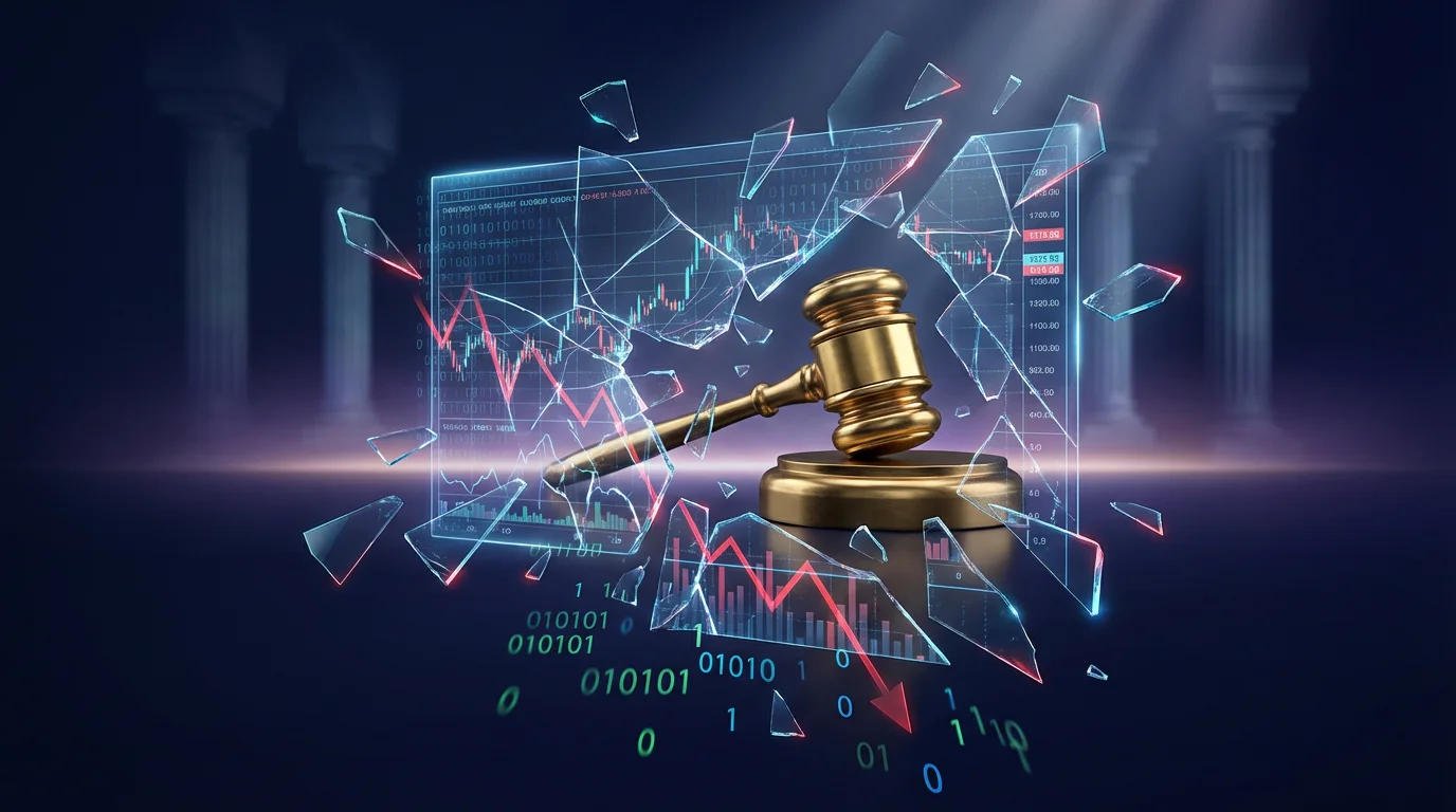 Shattering prediction market trading interface with legal gavel representing the Kalshi Khamenei lawsuit controversy