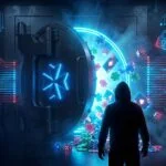 Digital vault door with Malta cross being breached, casino chips spilling out, hooded hacker silhouette in cyberpunk setting