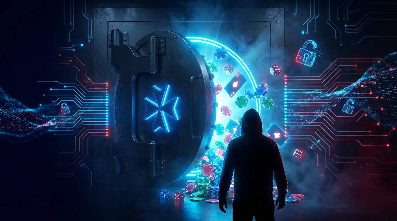 Digital vault door with Malta cross being breached, casino chips spilling out, hooded hacker silhouette in cyberpunk setting