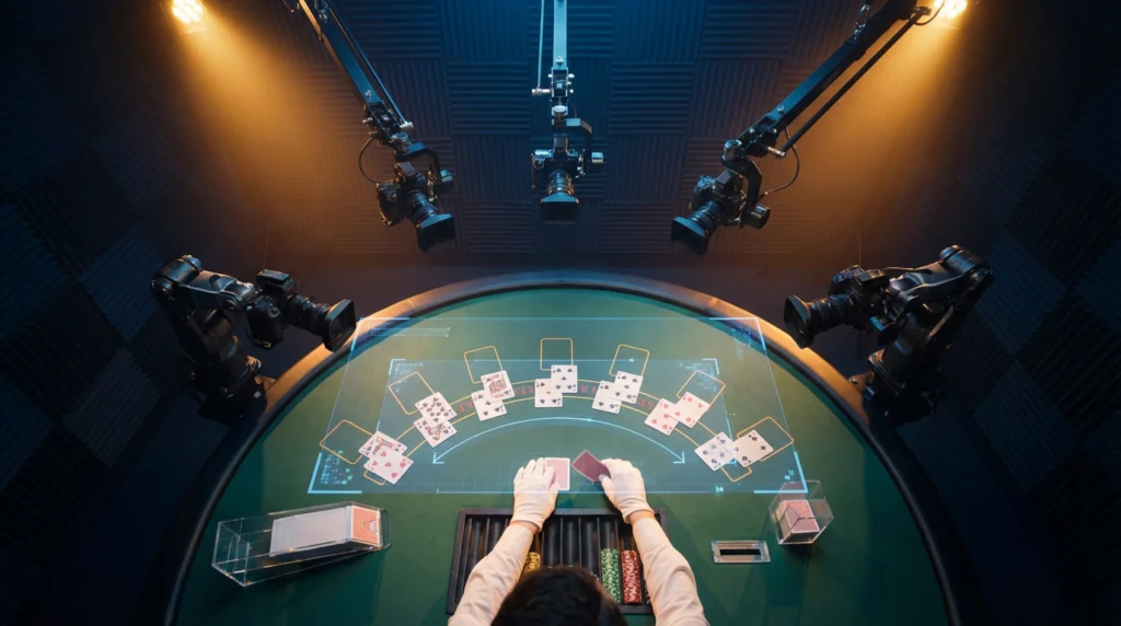 Professional live dealer casino studio showing a blackjack table with OCR technology overlay, multiple camera angles, and digital streaming interface elements