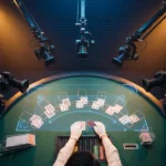 Professional live dealer casino studio showing a blackjack table with OCR technology overlay, multiple camera angles, and digital streaming interface elements