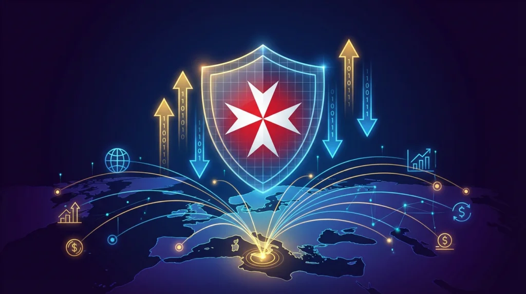 Malta cross shield with prediction market arrows and European map showing regulatory network connections