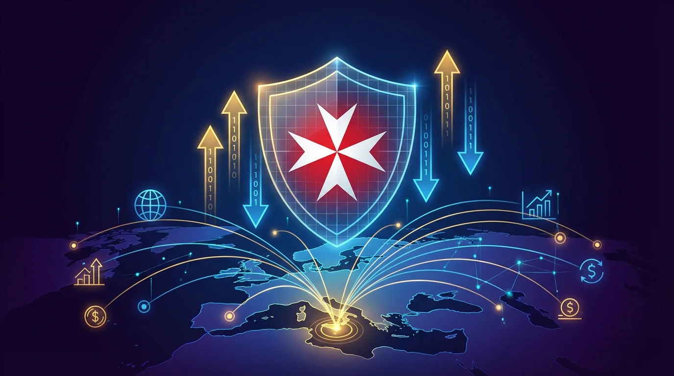 Malta cross shield with prediction market arrows and European map showing regulatory network connections