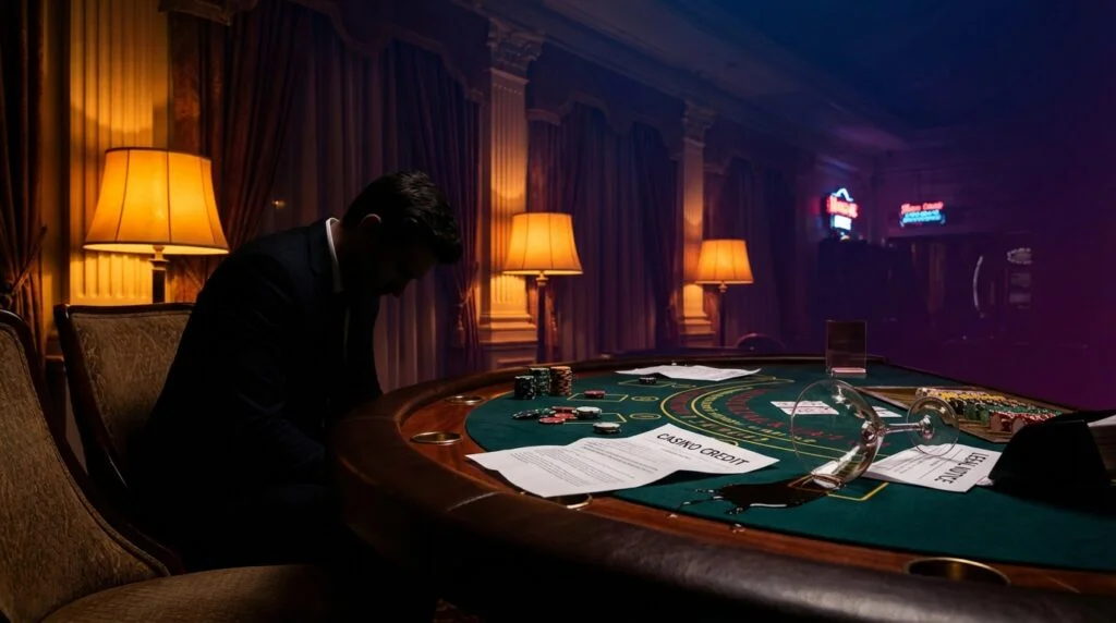Casino credit markers and overturned cocktail glass on high-roller blackjack table illustrating MGM Grand drugging lawsuit allegations