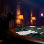 Casino credit markers and overturned cocktail glass on high-roller blackjack table illustrating MGM Grand drugging lawsuit allegations