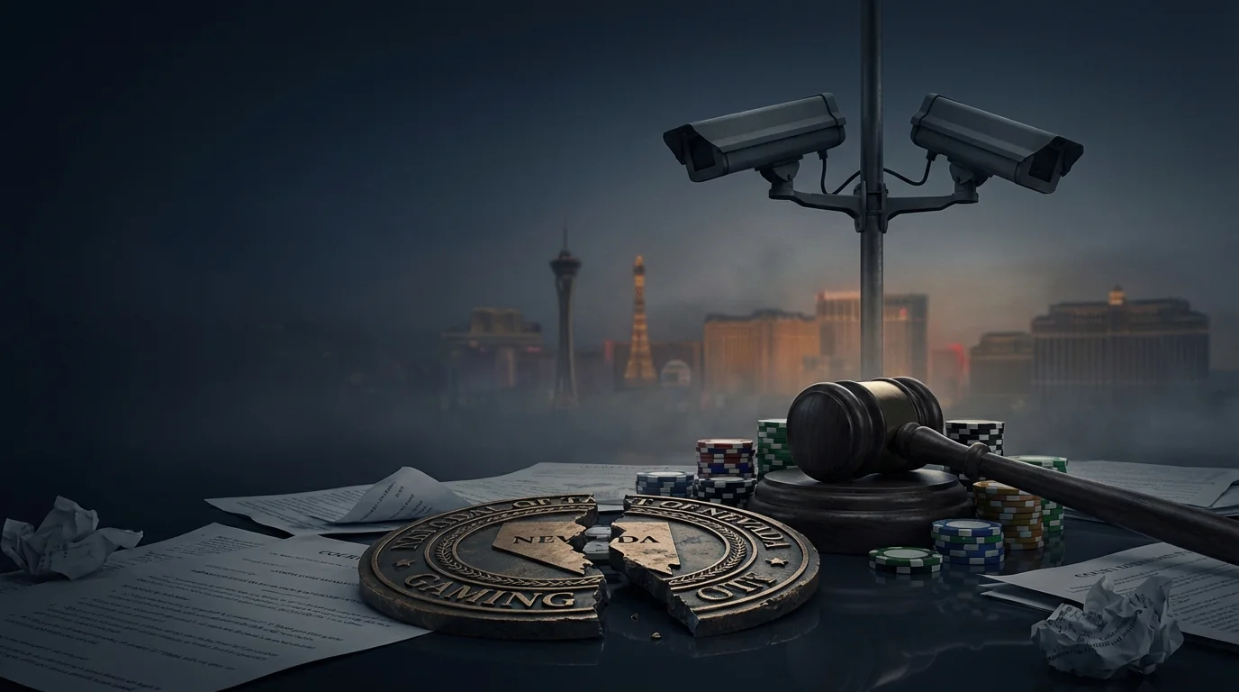 Nevada gaming regulatory oversight failure illustrated with cracked shield and legal documents amid Las Vegas casino backdrop