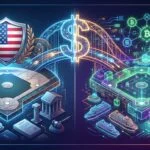 Baseball diamond split between regulated US exchange with government shield and offshore crypto exchange with blockchain symbols