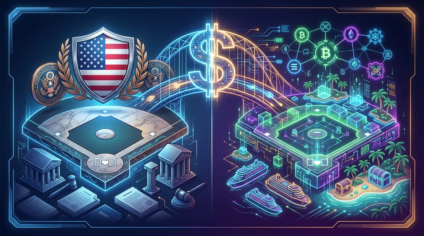 Baseball diamond split between regulated US exchange with government shield and offshore crypto exchange with blockchain symbols