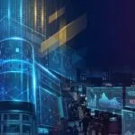 Nasdaq building with digital overlay showing binary options probability displays and scales of justice representing SEC CFTC regulatory battle over prediction markets