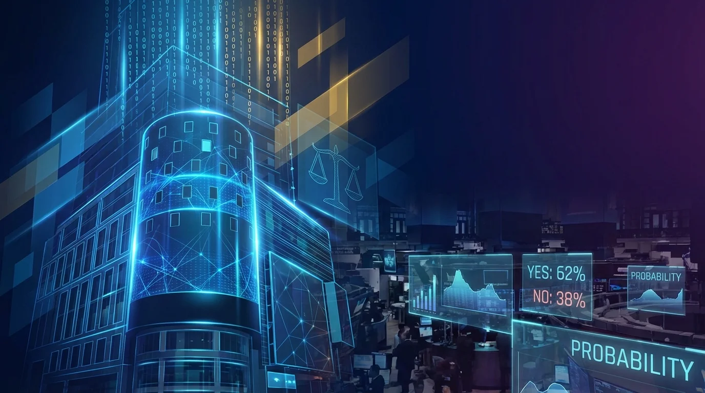 Nasdaq building with digital overlay showing binary options probability displays and scales of justice representing SEC CFTC regulatory battle over prediction markets