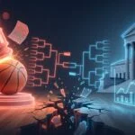 NCAA legal battle showing trademark lawsuit against DraftKings and CFTC lobbying against prediction markets during March Madness 2026