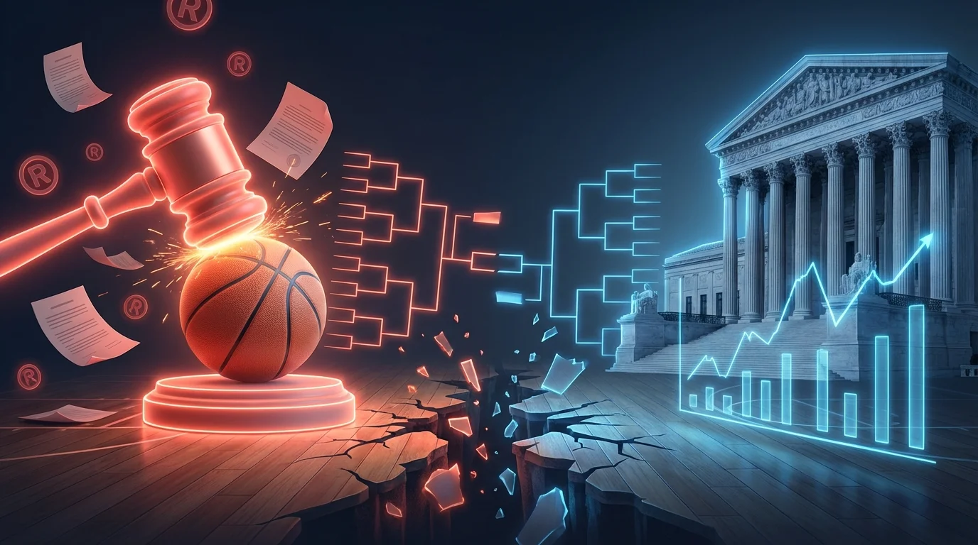 NCAA legal battle showing trademark lawsuit against DraftKings and CFTC lobbying against prediction markets during March Madness 2026