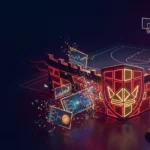 A glowing fortress wall representing Nevada gaming regulation blocks digital trading screens near a basketball court, with a gavel in the foreground