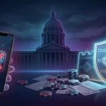 Oklahoma state capitol building with casino chips and tribal gaming shield symbolizing sweepstakes ban and tribal gaming dominance
