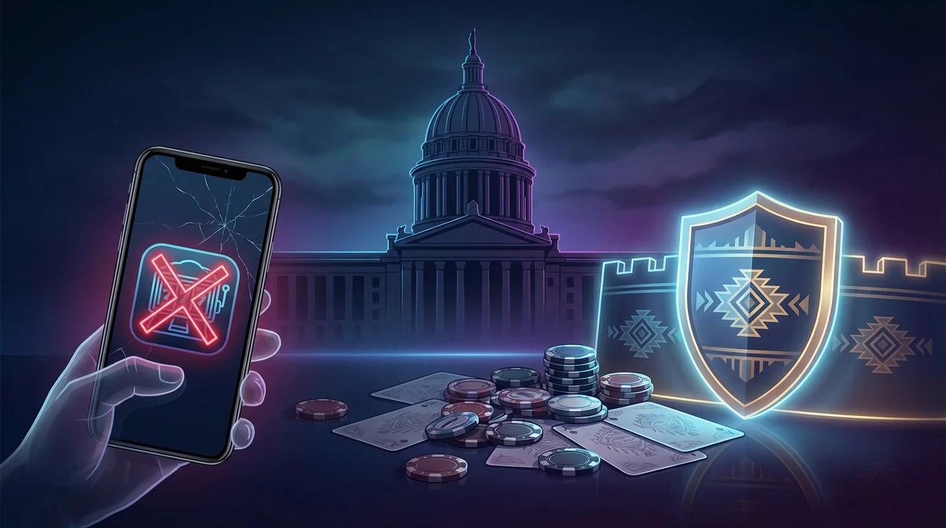 Oklahoma state capitol building with casino chips and tribal gaming shield symbolizing sweepstakes ban and tribal gaming dominance