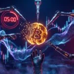 Bitcoin symbol with robotic hands and countdown timer representing Polymarket 5-minute crypto prediction markets