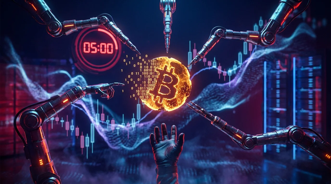Bitcoin symbol with robotic hands and countdown timer representing Polymarket 5-minute crypto prediction markets